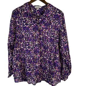 Coldwater Creek Cotton Lawn No Iron Button-up Long Sleeve Top Purple 1X Abstract